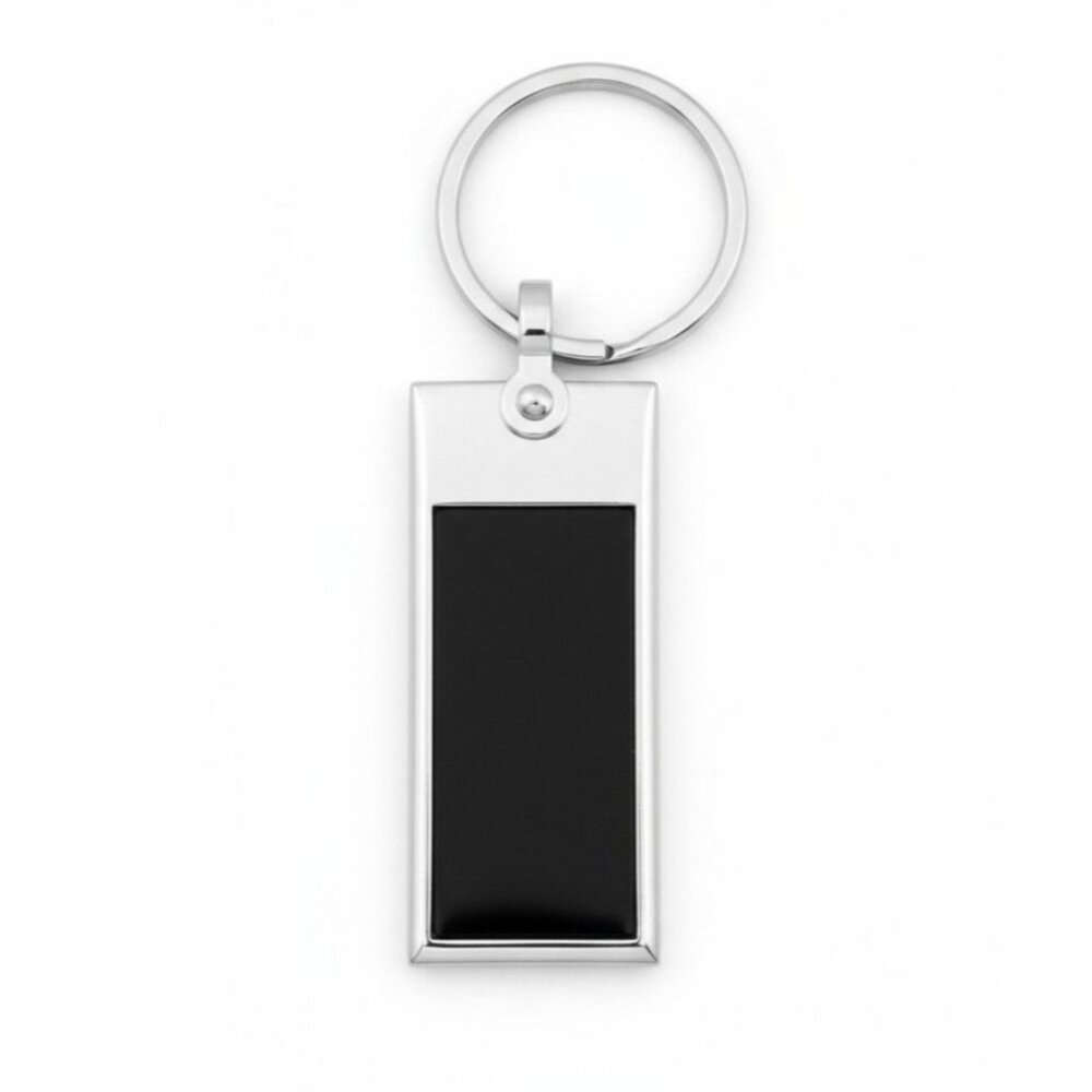 Rectangular Silver & Black Metal Keychain With Keyring